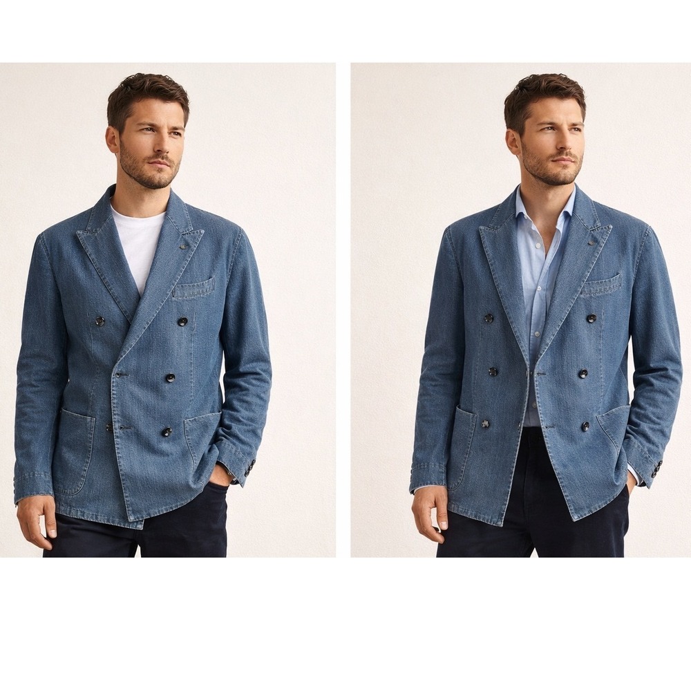 L.B.M. 1911 Men's Fly Denim Double Breasted Blazer Jacket Premium Italian Cotton